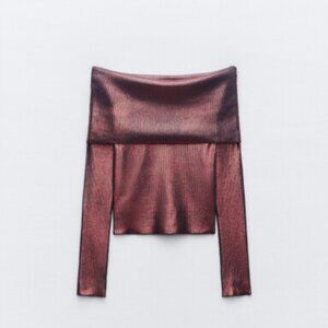 Zara Red Foil Knit Off Shoulder Top